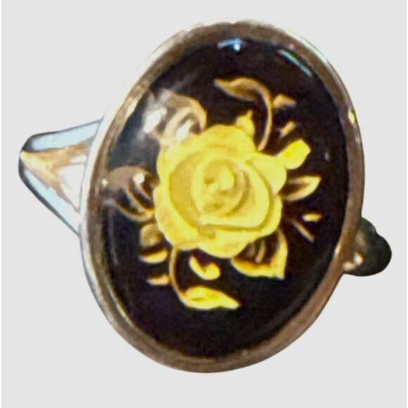 New! Baltic Amber Intaglio Rose in Sterling Silver Adjustable Ring - Picture 1 of 10